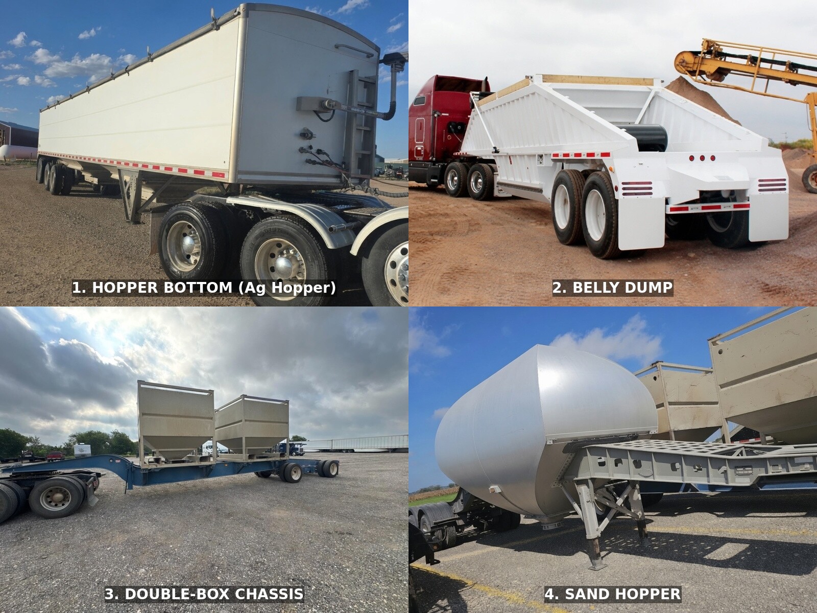 Frac sand hauling trailers: hopper bottom, belly dump, double-box chassis, and sand hopper for oilfield trucking